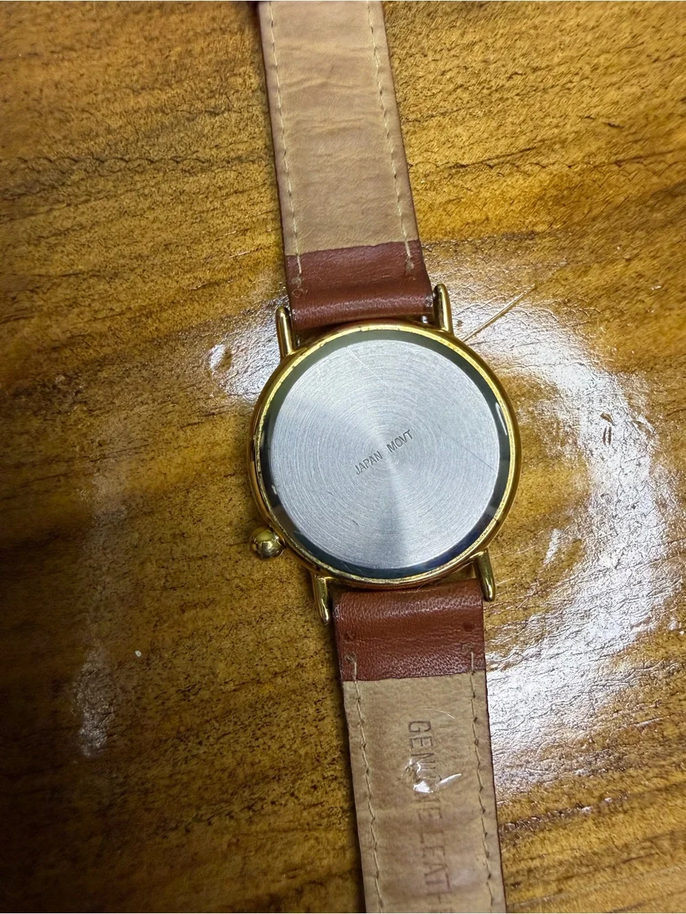 Women's Gold-Tone Watch with Blue Dial and Brown Leather Strap